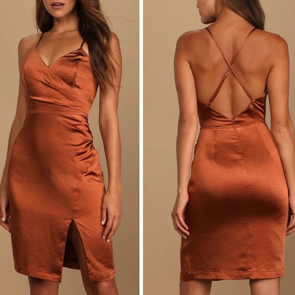 Lulus Dresses & Skirts - ❤️ Lulus Hot Night Out Bronze Satin Surplice Faux-Wrap Dress